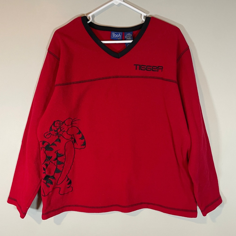 VTG Disney Pooh Tigger Red Fleece Y2K Pullover Sweatshirt Large Embroidered